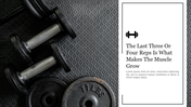 Fitness Presentation background slide dumbbell image with the quote and placeholder text.