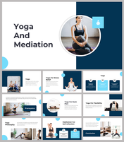 Yoga and meditation PowerPoint with multiple slides on stress relief, flexibility, and self reflection.