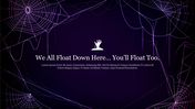 Spooky dark layout with a web design in the corners, featuring an icon of a hand, against a purple gradient background.