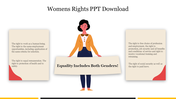 Illustration of a woman holding a banner with two information cards on either side, highlighting equal rights.