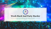 Festive party background with a crowd and light effects, featuring a round icon and text centered in a white overlay box.