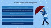 A slide on winter weather, featuring a person braving the cold with an umbrella, and five key points on a blue theme.