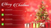 Red Christmas background with a glowing decorated tree, wrapped presents, and four icons representing holiday element.