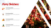 Christmas slide with red and green ornaments in a triangle layout, and four festive icons and text on the left white area.