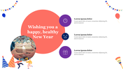 New Year slide featuring a gift, balloons, and party hats, along with a cheerful greeting in a red circular background.