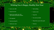 Green new year resolutions slide with checklist framed by festive border of pine branches and golden lights.