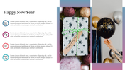 New Year greeting layout with icon list, central image of gift box with green twine, and person raising a black balloon.