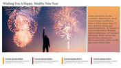 Fireworks burst for new year in various colors over a individual, with a gradient-text area and decorative content boxes. 