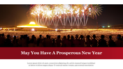 A festive New Year PowerPoint slide featuring a vibrant fireworks display over a lit up landscape.
