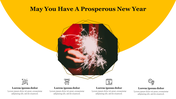 New Year slide with bold yellow arc header, photo of hand holding a sparkler, and four icons with placeholder text below.