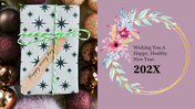 A New Year PowerPoint slide with a gift wrapped in starry paper and a floral wreath wishing a happy message.