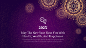 New Year greeting slide with '202X' text, champagne glasses icon, and gold mandala designs on a purple glitter background.