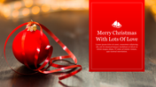 Christmas ornament with red ribbons and a golden cap, paired with a bright red box and a festive greeting.