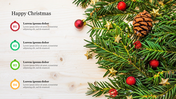 Christmas themed slide with numbered list on left and decorated pine branches, red baubles, and gold stars on right.