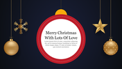 Christmas design featuring gold ornaments, a star, and a snowflake, with a red bordered circle containing a holiday message.