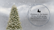 Christmas themed background featuring a lit tree in snow and a round design element with space for caption on the right.