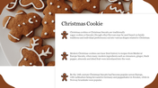 Christmas cookie slide featuring gingerbread shapes with icing, alongside text on traditional Christmas biscuit history.