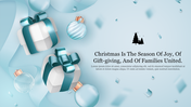 Christmas themed layout with floating gifts, baubles, and swirls on the left, and a tree icon with caption area on the right.
