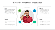 Headache presentation with a central image of a man holding his head, surrounded by four text boxes.