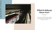 Public transport-themed slide with a subway train in a station, featuring modern beige and blue accents