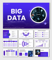 Big Data slide with circular UI, data icons, charts, purple theme, and structured text holders.
