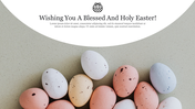Easter greeting card with curved white top, festive message, and pastel-colored speckled eggs arranged along the bottom.