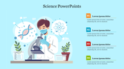 Illustration of a scientist with molecular visuals, and four colorful numbered sections, on a light blue background.