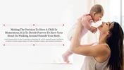 Woman holding a baby up, smiling, with an inspirational quote about the emotional journey of motherhood shown to the left.