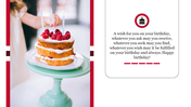 Birthday card template with a layered cake topped with raspberries and a birthday message on the side.