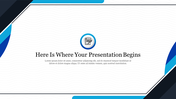 Presentation cover slide with a central icon of a paper and pen inside a blue circular border, dark and blue angled corners.