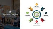 Business objectives template showing four arrows in yellow, teal, red, and green aiming at a bullseye, with matching labels.