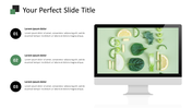 Infographic-style slide with step-by-step text items beside a monitor image of sliced fruits and greens on a green backdrop.