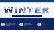 Blue and white winter themed slide with bold text overlaying snowy mountains and three circular icons at the bottom.