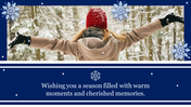 A winter holiday PPT slide with a snowy forest scene and a person in a red hat, wishing a season filled with warm moments.