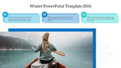 Winter slide with facts in pastel blue and teal, paired with a serene photo of a woman canoeing on a foggy, forest lake.