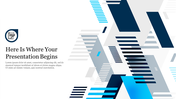 Minimalist and modern slide layout showing a writing symbol and title on the left, contrasted by layered abstract shapes.
