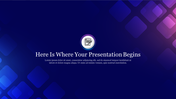 Blue and purple gradient background with glowing squares and center text featuring an icon of a document and pen.