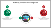Infographic style slide with a bank illustration, flanked by green and red chart representing income and expense percentages.