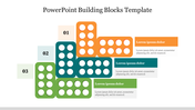 Building block infographic with segments 01 to 03, featuring orange, teal, and green blocks stacked in a pyramid layout.