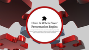 Slide with large red and gray 3D puzzle pieces in the background and a white circular text area in the center.