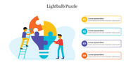 Graphic depicting a lightbulb made of colorful puzzle pieces, with two people working together and four placeholder text.