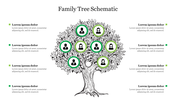 Illustrated family tree schematic with nine circular profile icons arranged on a detailed tree graphic.