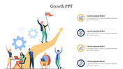 Teamwork and success illustration featuring six people and a arrow, wit icons of growth and development beside text areas.