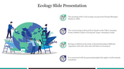 Ecology slide featuring an illustration of people nurturing plants on a globe with icons explaining ecological concepts.