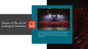 Theater stage slide with spotlights and rows of empty red chairs in the audience with placeholder text.