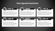 Dark-themed slide featuring six agenda points, each in a black-bordered box with a circular number icon.