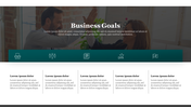 Modern business goals slide featuring a header image of blurred professionals, icons, and placeholder text areas.