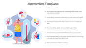 Summertime tips with a man feeling hot, surrounded by various icons like a thermometer, umbrella, and beach activities.