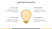 Central orange gradient light bulb illustration with four connected text placeholders, each linked by colored dots.