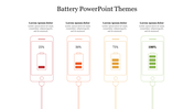 Four phone outlines in red, orange, yellow, and green showing battery charge levels from 25% to 100%, with charging cables.